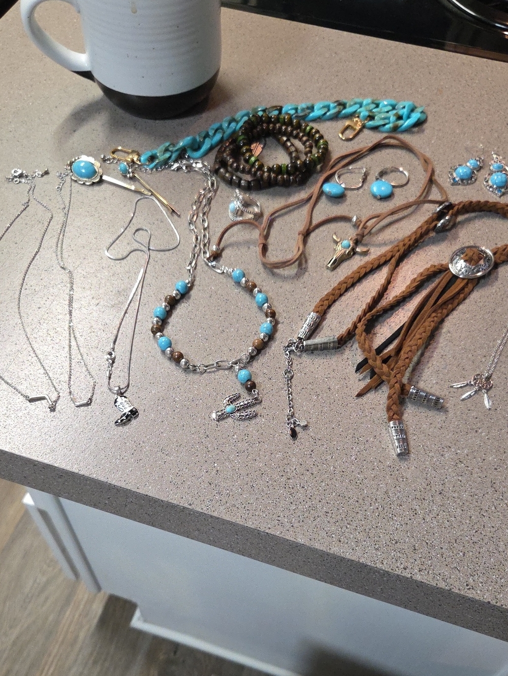 Turquoise and Brown Boho Charm Bracelet and Necklace Set - Women Jewelry
